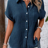 Spring Plain Texure Button Up Blouse