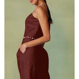 Pearl-Trimmed Linen Blend Crop Top - Rust