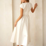 V-Neck Midi Dress with Leather Corset Belt