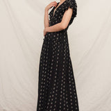 V-Neck Ruffle Sleeve Polka Dot Maxi Dress - Black/Ivory