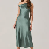 Elain Satin Off Shoulder Midi Dress - Sage