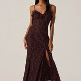 Leonie Floral Lace Maxi Dress - Wine Brown