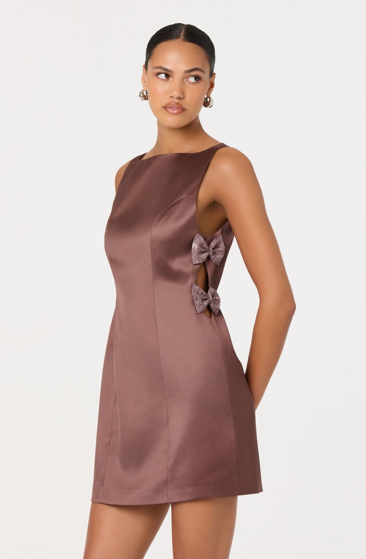 Kinsey Satin Bow Mini Dress - Mauve Moka Boutique Kinsey Satin Bow Mini Dress - Mauve Moka Boutique