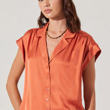 Callen Satin Button Up Top - Brick