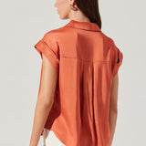 Callen Satin Button Up Top - Brick