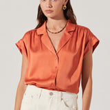 Callen Satin Button Up Top - Brick