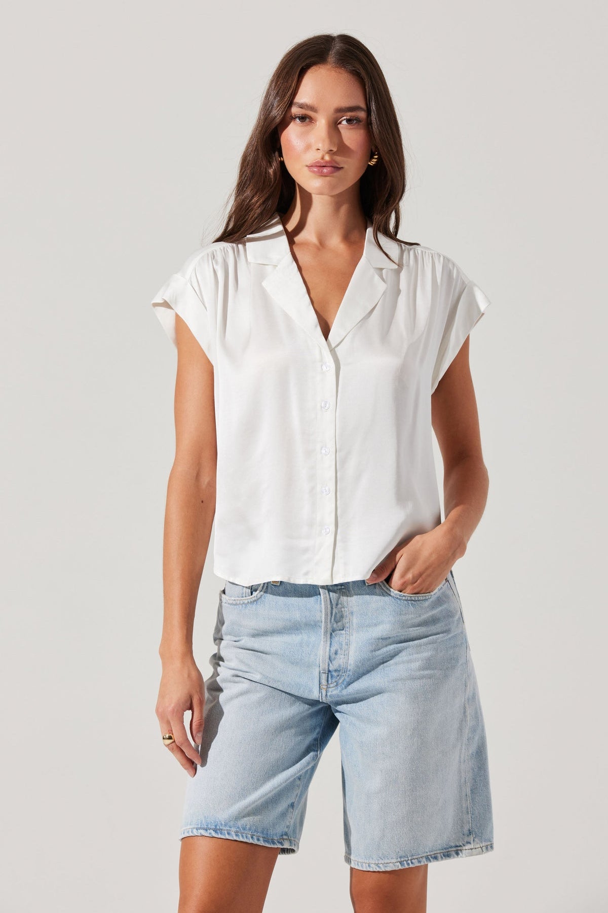 Callen Satin Button Up Top - White