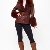 Vogue Vegan Leather Fur-Trimmed Belted Coat - Brick