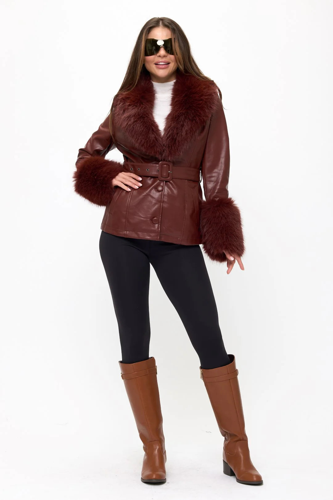 Vogue Vegan Leather Fur-Trimmed Belted Coat - Brick