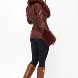 Vogue Vegan Leather Fur-Trimmed Belted Coat - Brick