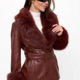 Vogue Vegan Leather Fur-Trimmed Belted Coat - Brick