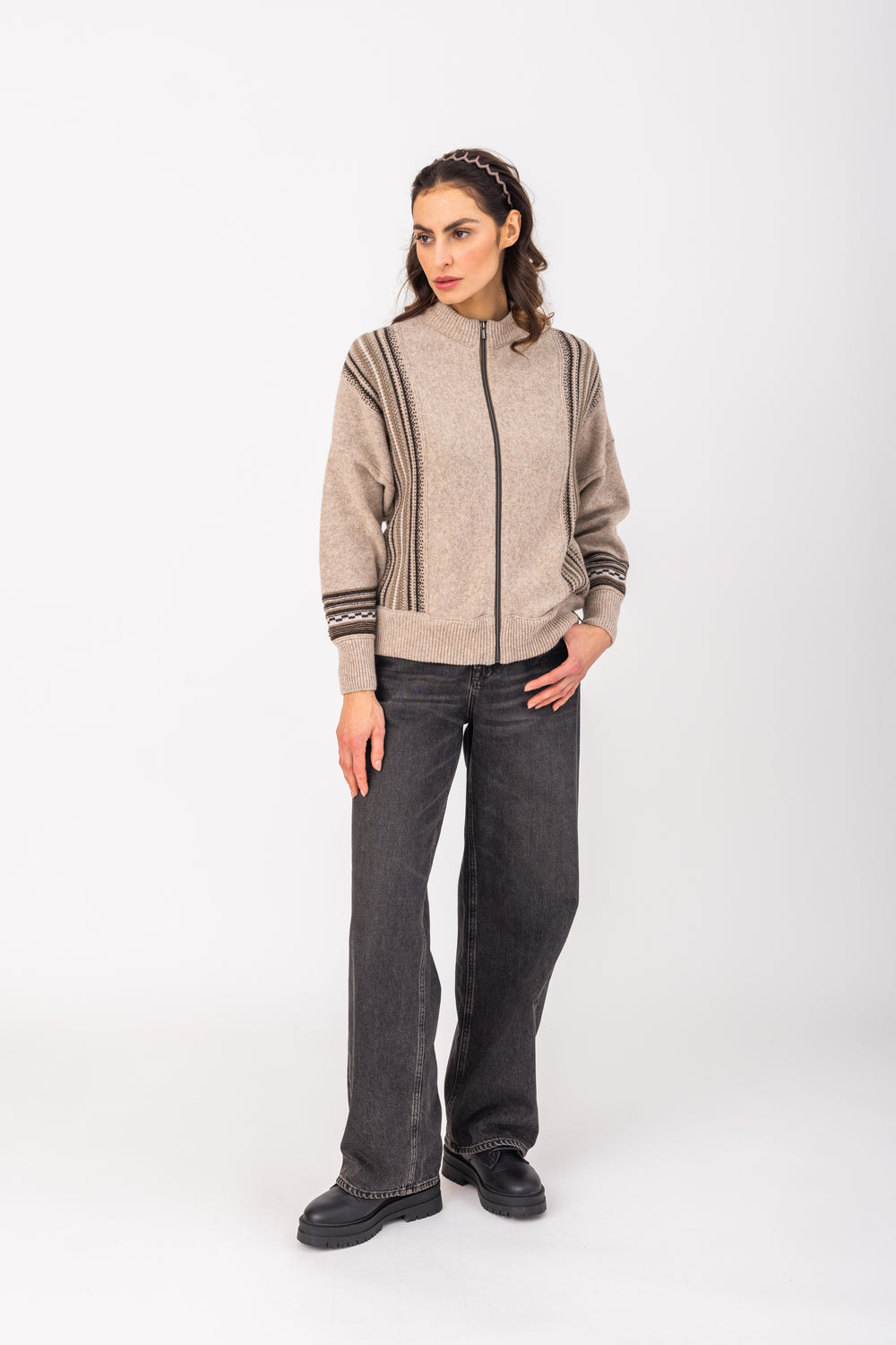Carala Geometric Zip-Up Cardigan - Neutral Combo
