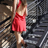 Open Back Satin Mini Dress - Red