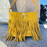 Suede-Like Microfiber Leather Crossbody Bucket Bag with Fringe