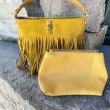 Suede-Like Microfiber Leather Crossbody Bucket Bag with Fringe