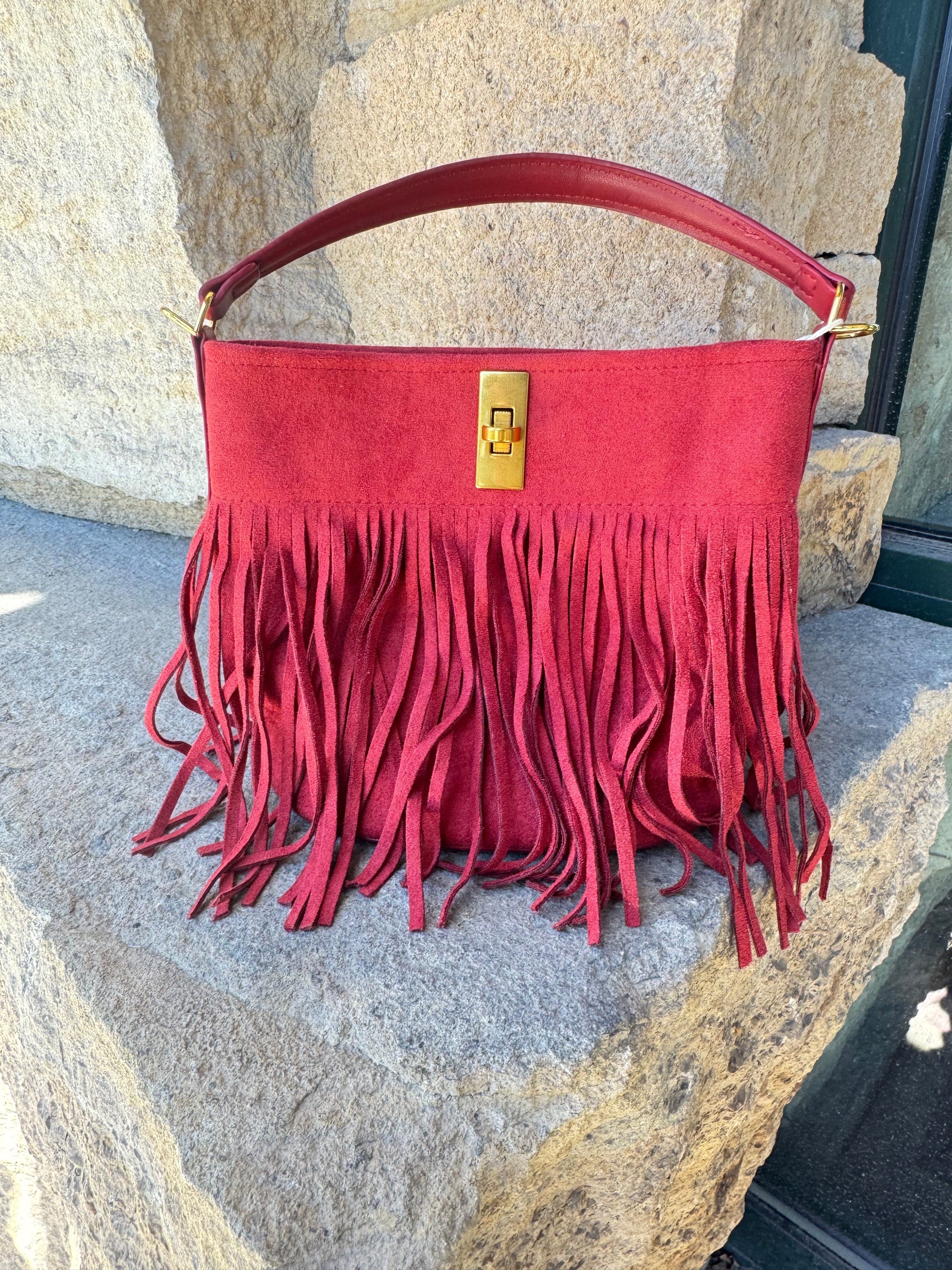 Suede-Like Microfiber Leather Crossbody Bucket Bag with Fringe