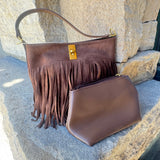 Suede-Like Microfiber Leather Crossbody Bucket Bag with Fringe