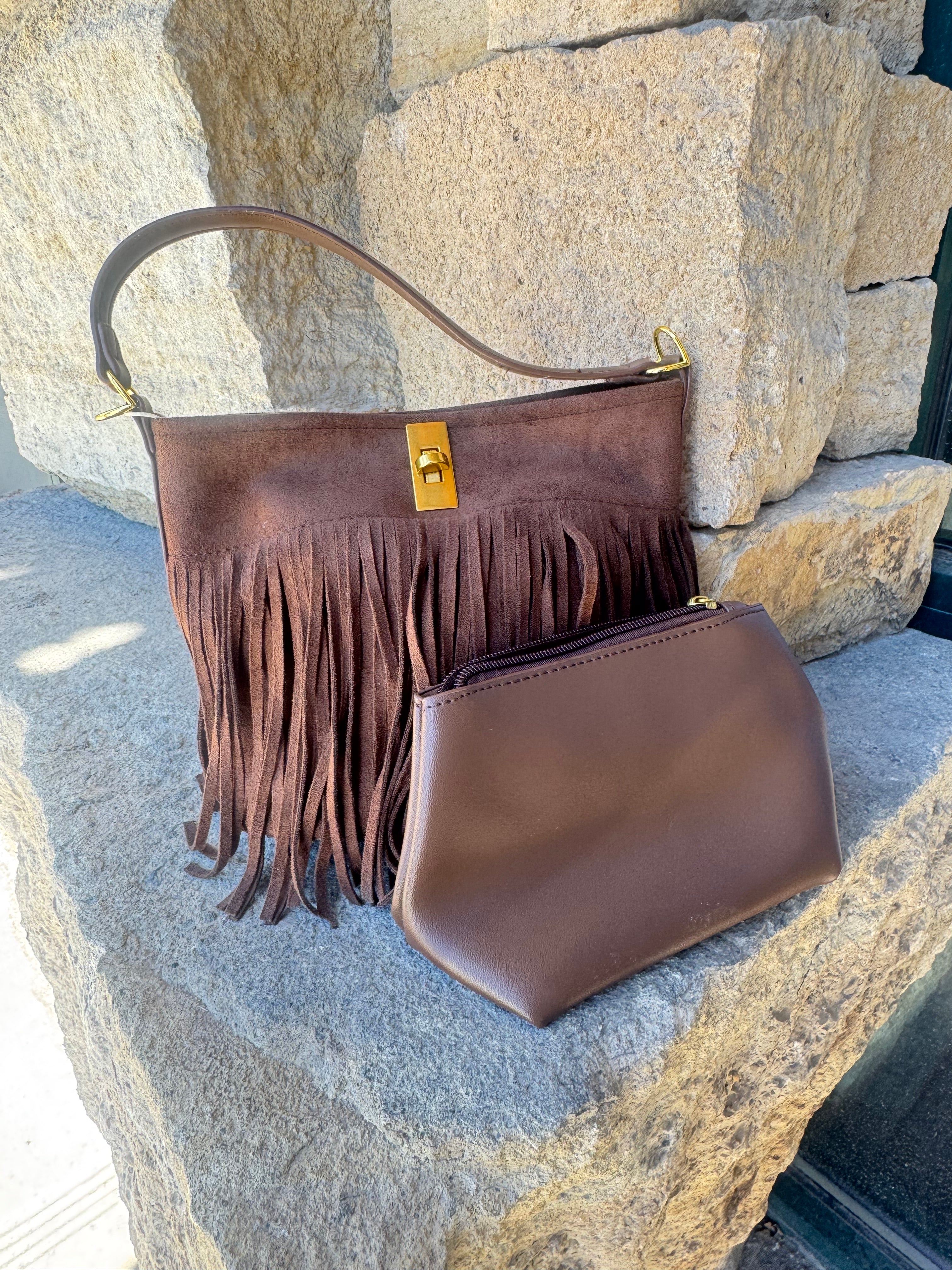 Suede-Like Microfiber Leather Crossbody Bucket Bag with Fringe