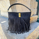 Suede-Like Microfiber Leather Crossbody Bucket Bag with Fringe