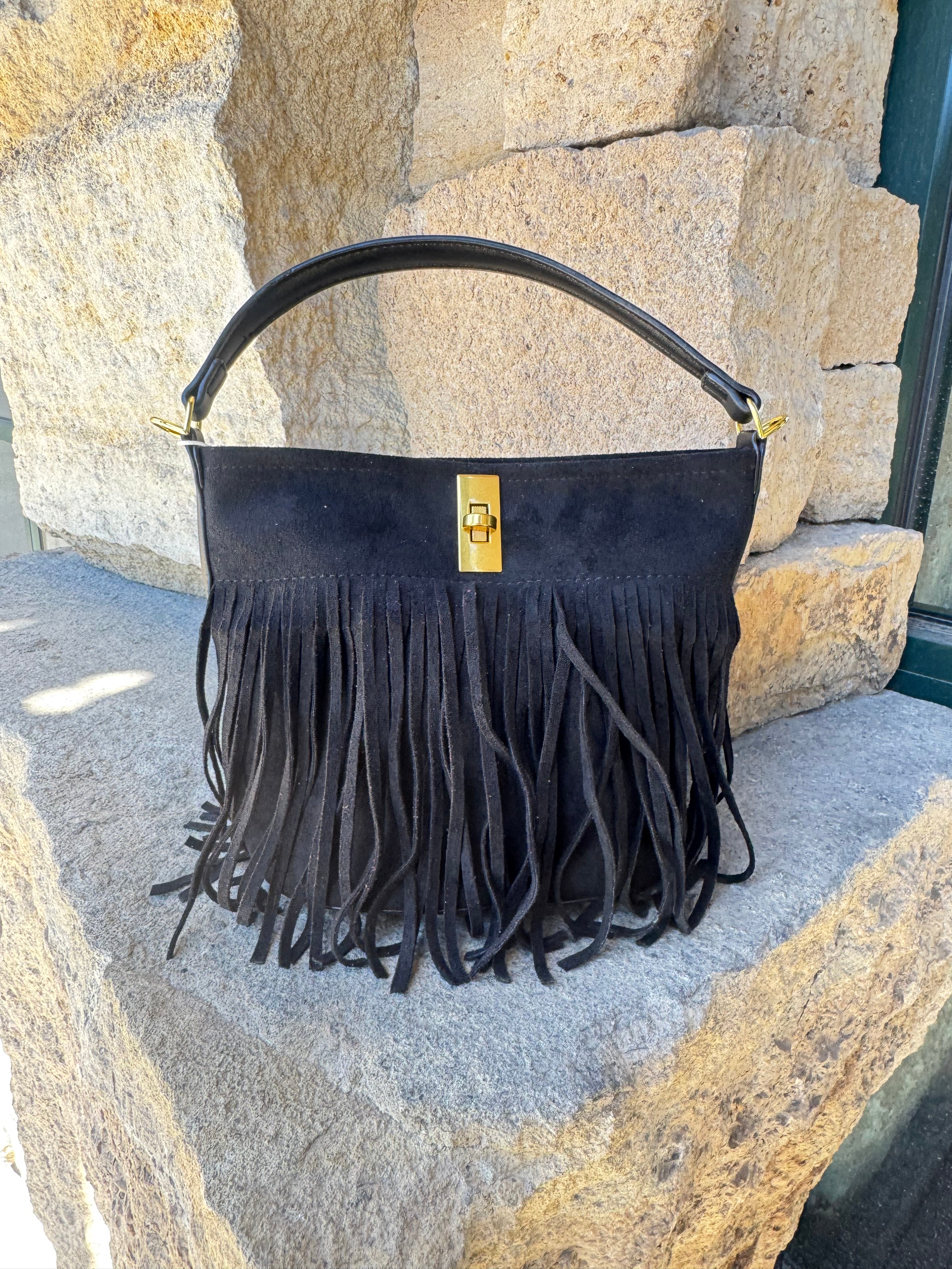Suede-Like Microfiber Leather Crossbody Bucket Bag with Fringe