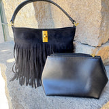 Suede-Like Microfiber Leather Crossbody Bucket Bag with Fringe