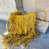 Suede-Like Microfiber Leather Crossbody Bag w/Long Fringe