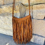 Suede-Like Microfiber Leather Crossbody Bag w/Long Fringe