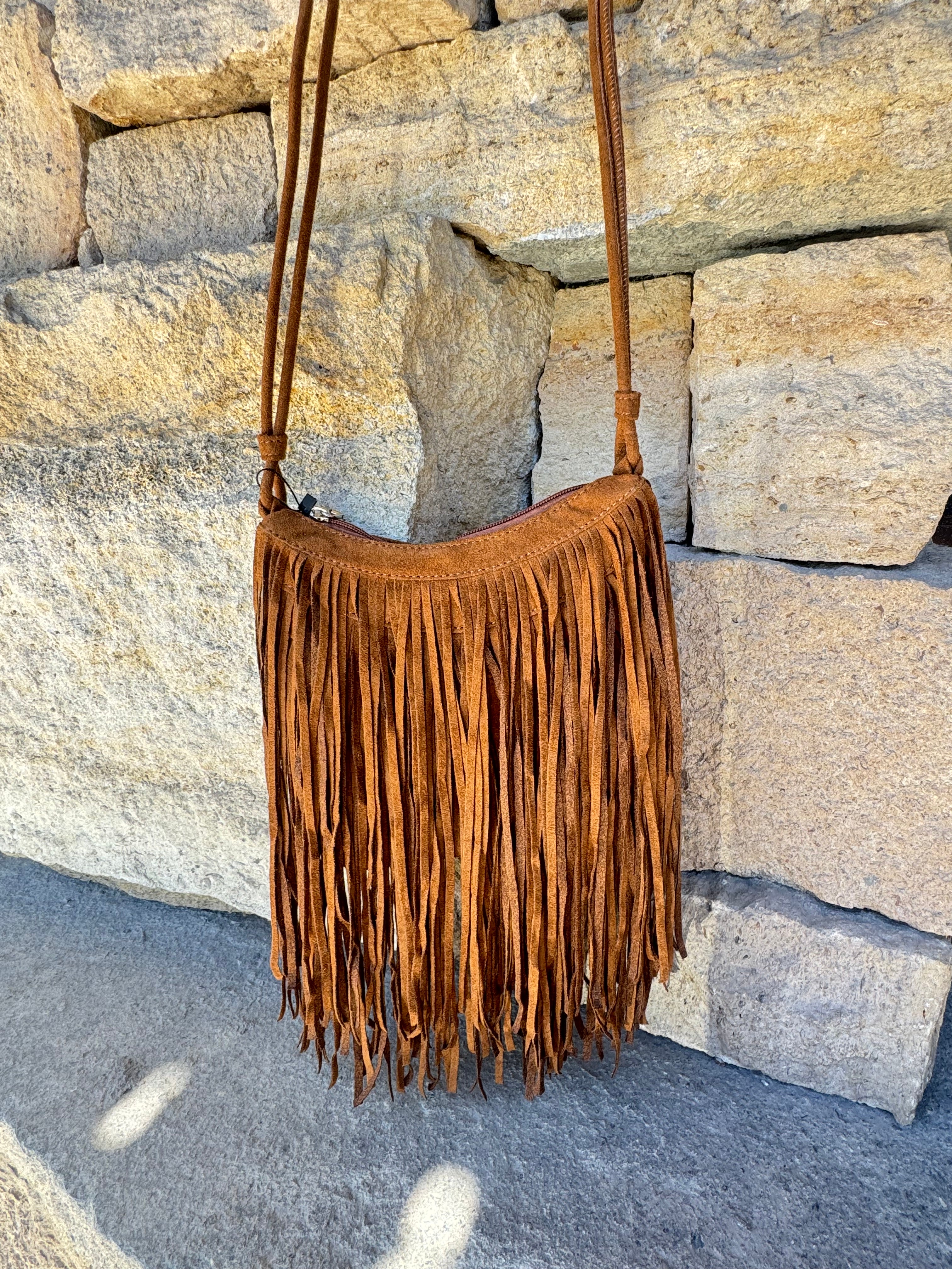 Suede-Like Microfiber Leather Crossbody Bag w/Long Fringe
