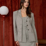 Plaid Notch Collar Long Sleeve Blazer - Grey Plaid Combo
