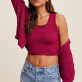 Ribbed Sweater Knit  Button Front Cardigan Set - Raspberry