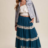 Tiered Lace-trim Maxi Skirt - Teal