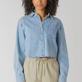 Cropped Light Weight Denim Blouse - Mid Wash Blue
