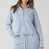 Cropped Knit Button Up Overshirt - Light Blue