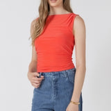Shirred Detail Boat Neck Tank - Bright Cherry