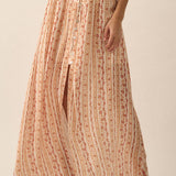 Floral Striped Smocked Maxi Skirt- Cream and Red Floral