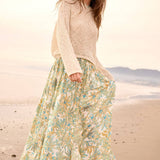 Button Front Floral Ruffle Maxi Skirt- Blue Combo