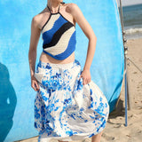 Tiered Ruffle Drawstring Maxi Skirt - Blue Floral