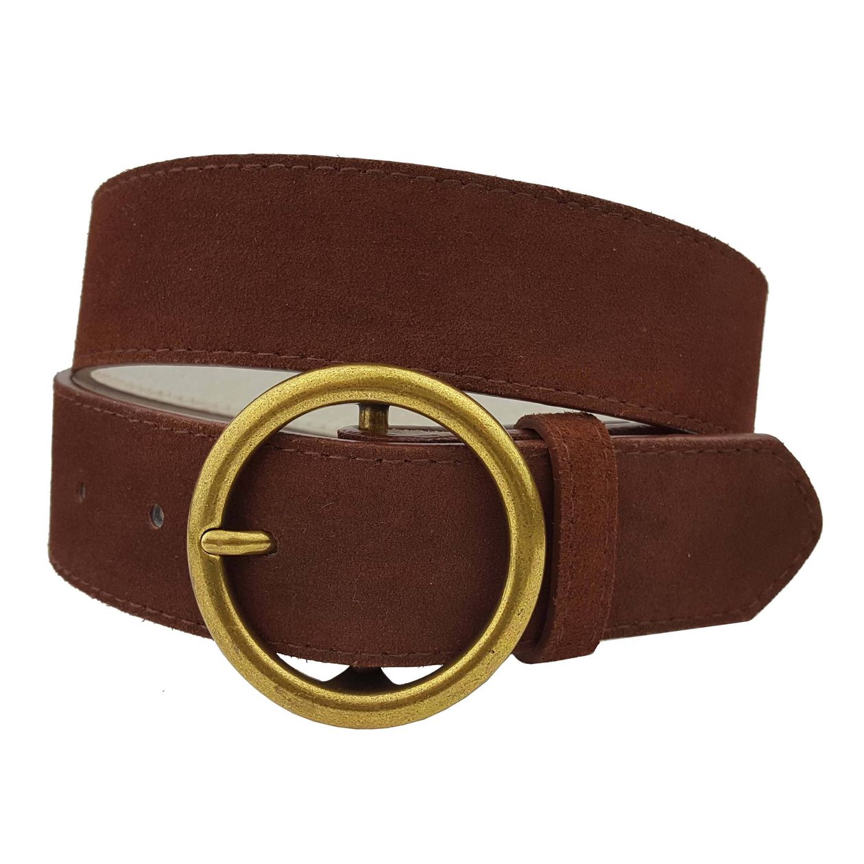 Genuine Cow Suede Leather Belt with Brass Buckle - Brown