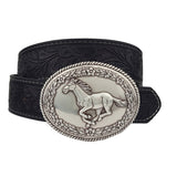 Axesoria West Women Accessories - Belts Silver Western Galloping Horse W. Floral Tooled Belt Ha0487-3877blks