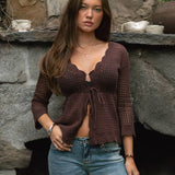 Sweaters Ashlyn Crochet Scalloped V-neckline Cardigan- Brown