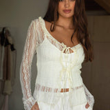 Ravenlee Sheer Floral Lace Ruffle Self Tie Long Sleeve Top- Cream