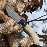 Damascus Guthook Hunting Knife With Green & Bronze Resin Handle