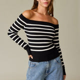 Off The Shoulder Striped Long-sleeve Knit Top- White Stripe