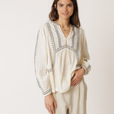 Notch Neck Long Sleeve Cotton Gauze Blouse - Ivory