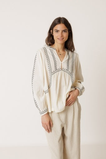 Notch Neck Long Sleeve Cotton Gauze Blouse - Ivory