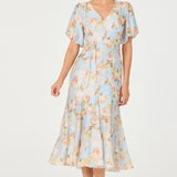 Lavena Floral Balloon Sleeve Midi Dress - Blue Floral
