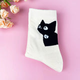 Black Cat Mid-calf Socks - White