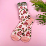 Embroidered Floral Relief Socks - Pink