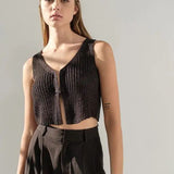 Jaylani V-neck Crop Length Ribbed Knit Vest - Black