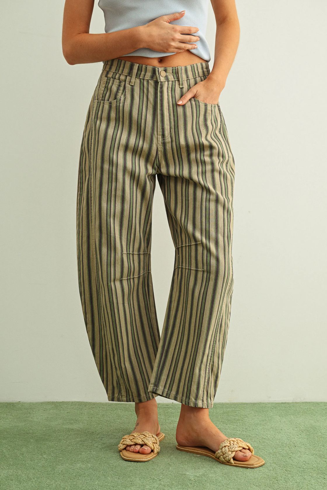 Multi Mix Stripe Printed Barrel Pants  - Green Combo